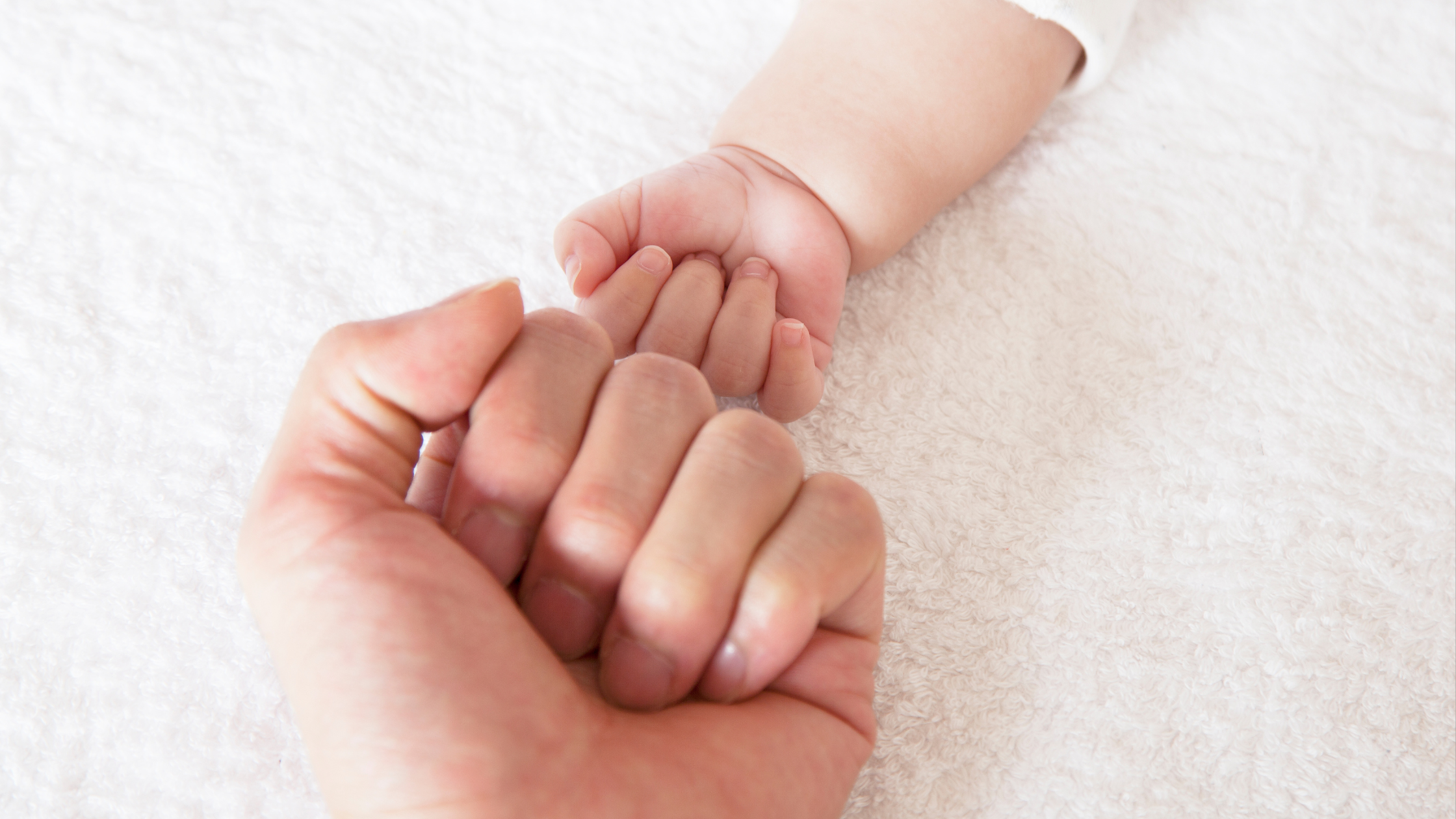 A parent and baby touch hands